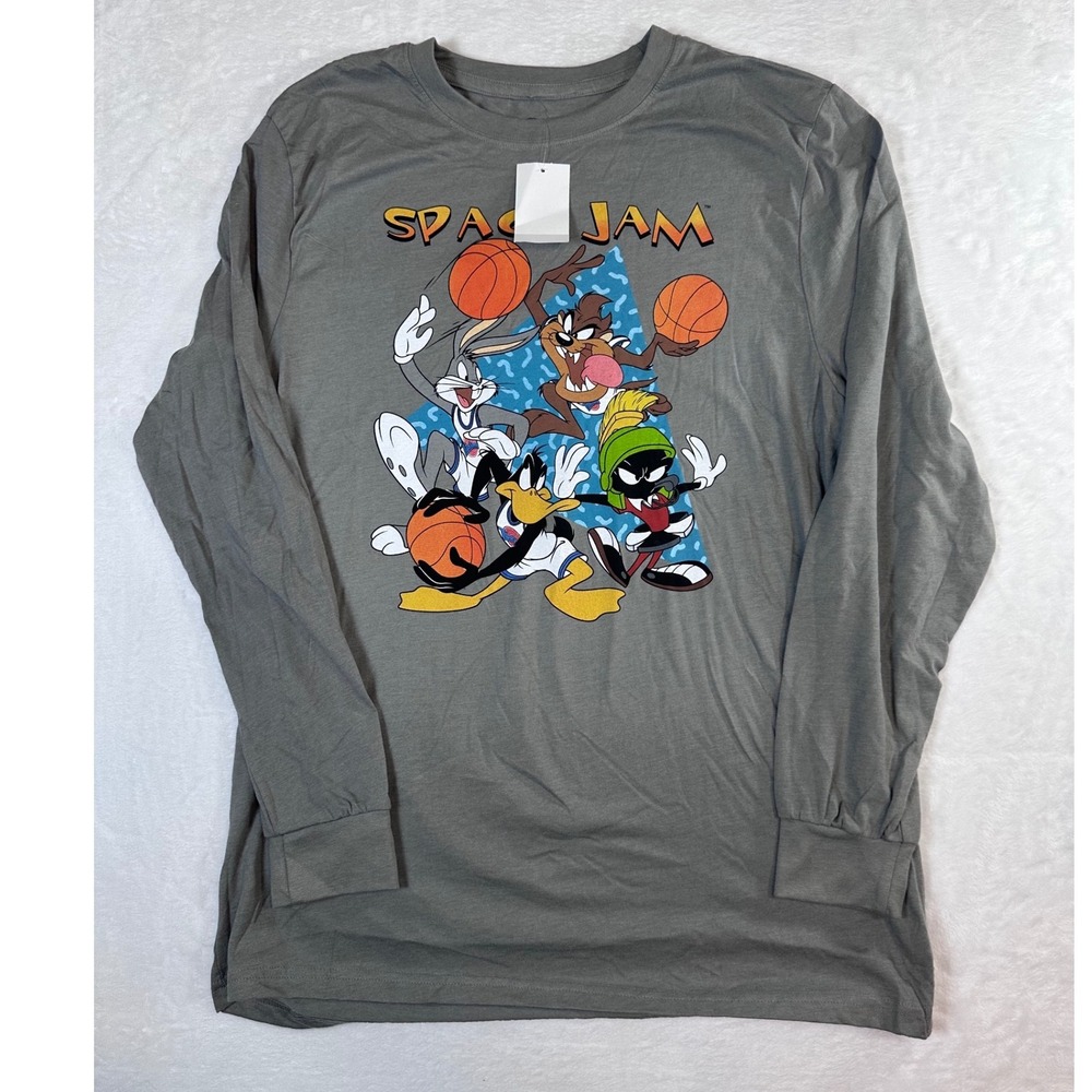 NWT Space Jam Looney Tunes Long Sleeve Graphic Tee Grey 2XL Bugs Bunny Taz